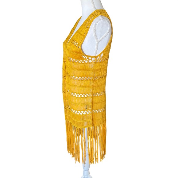 Rock & Roll Cowgirl Mustard Yellow Macrame Fringe Vest Longline Boho Women's L - Picture 3 of 13